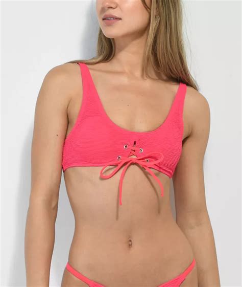 Damsel Diva Lace Up Mini Ruffle Pink Bralette Bikini Top