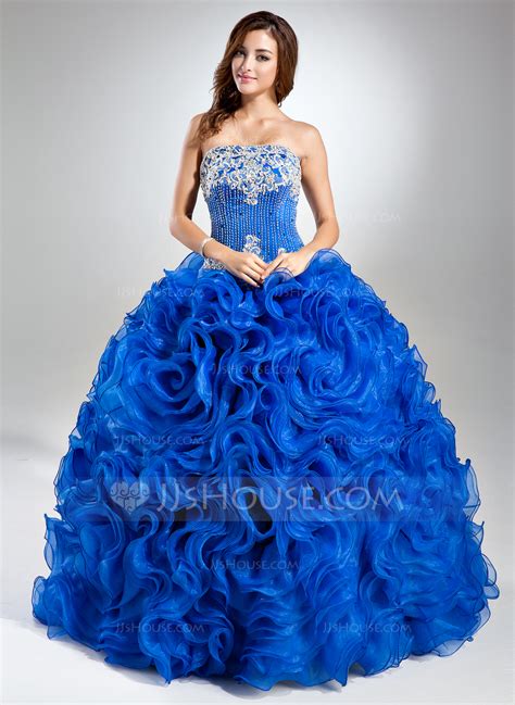 Ball Gown Strapless Floor Length Organza Prom Dresses With Lace Beading