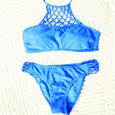 Donna Estate Pizzo Costume Azzurro Da Mare Bikini Uncinetto Merletto