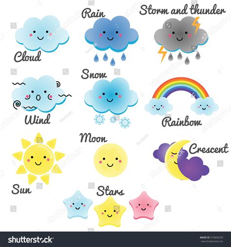 Cute Weather Sky Elements Kawaii Moon Stock Vector (Royalty Free ...