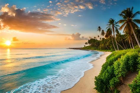 Una Playa Al Atardecer Con Palmeras Y Una Puesta De Sol Foto Premium