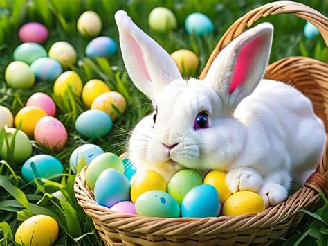 Premium Photo Easter Bunny With Colorful Eggs In Basket On Grass