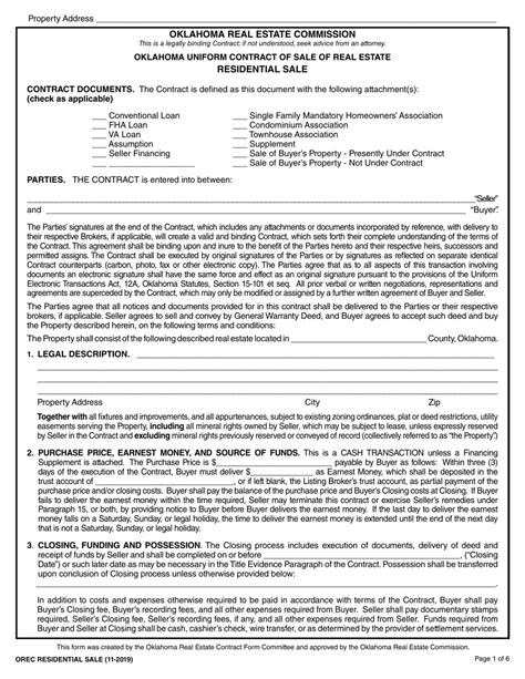 Oklahoma Oklahoma Uniform Contract Of Sale Of Real Estate Residential