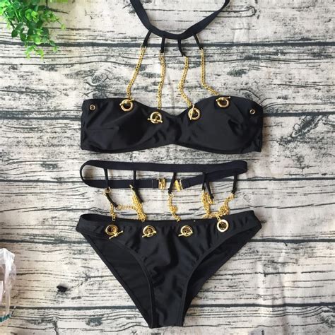 Sexy Black Bikinis Push Up Swimwear Women Chain Decorative Bikini Set