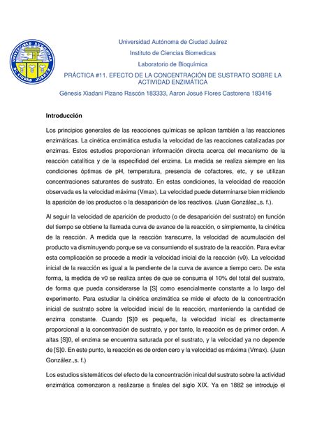 Practica 11 Bioquimica Universidad Autónoma De Ciudad Juárez Instituto De Ciencias Biomedicas