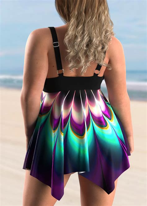 Asymmetric Hem Colorful Printed Plus Size Swimdress And Panty Modlily