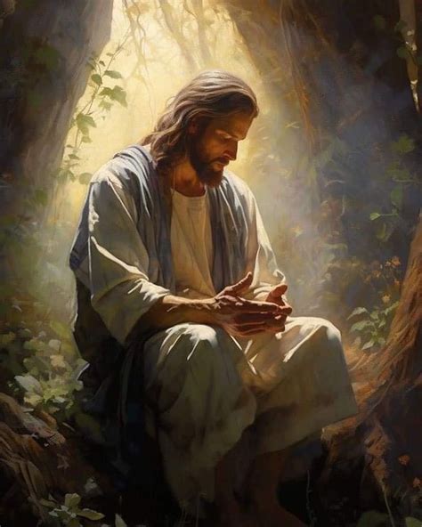 Jesus Sitting In The Woods With His Hands Clasped