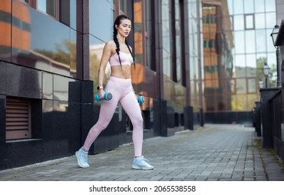 Sexy Fit Brunette Woman Pigtails Trains Stock Photo 2065538558