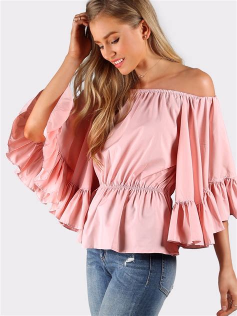 Pink Off Shoulder Ruffle Trim Exaggerated Trumpet Sleeve Peplum Bardot