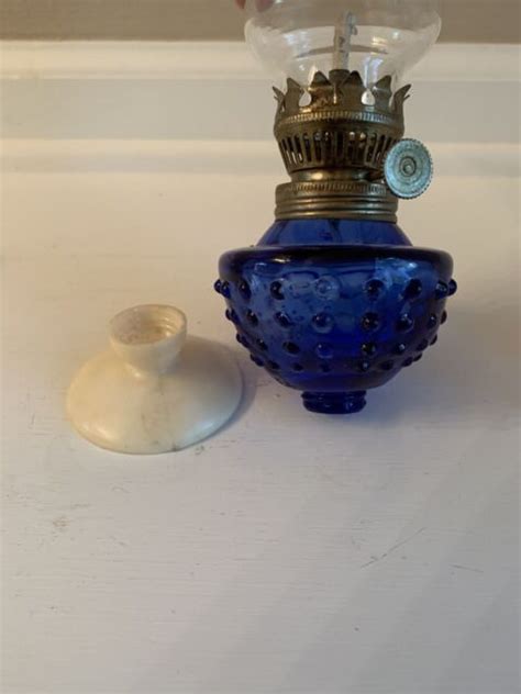 Vintage Small Cobalt Blue Hobnail Oil Lamp 7” Ebay