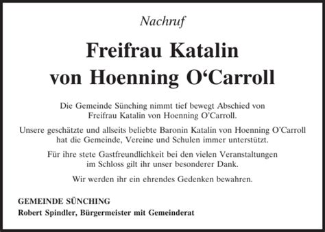 Traueranzeigen Von Freifrau Katalin Von Hoenning Ocarroll