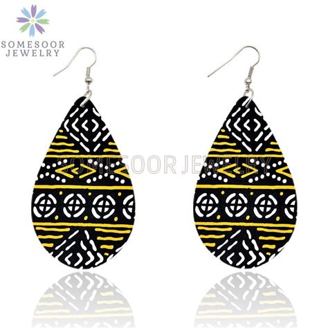 Pair African Tribal Print Fabric Design Wooden Tear Drop Earrings