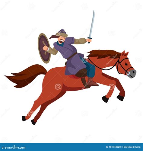 Mongolian Warrior is Riding a Horse, Holding a Sword and Shield in Hand ...