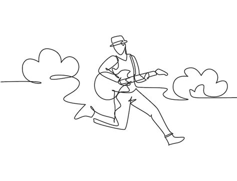 Dessin Au Trait Unique D Un Jeune Guitariste Nergique Sautant Sur