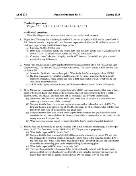 Problem Set 1 S 23 Ch 7 AFM 274 Practice Problem Set 1 Spring