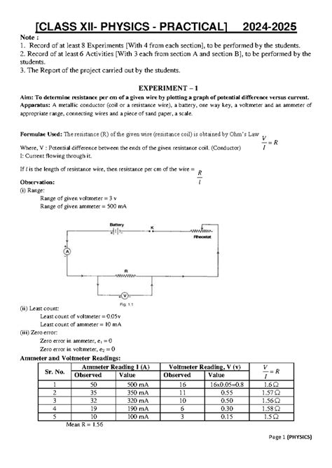 Xii Phy Practical Observation 2024 25 Class Xii Physics Practical