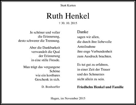 Traueranzeigen Von Ruth Henkel Trauer In NRW De