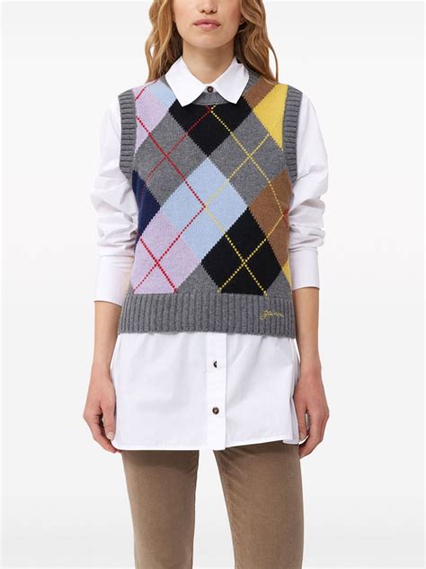 Ganni Harlequin Pattern Intarsia Knit Vest Grey Farfetch