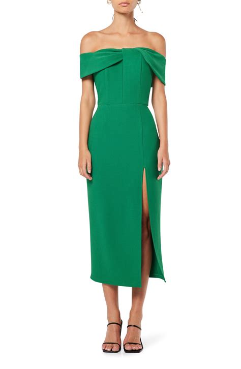 Elliatt Off The Shoulder Sheath Midi Dress Jade Editorialist