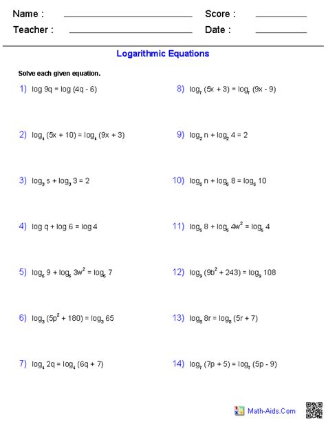 Solving Logarithmic Equations Worksheets