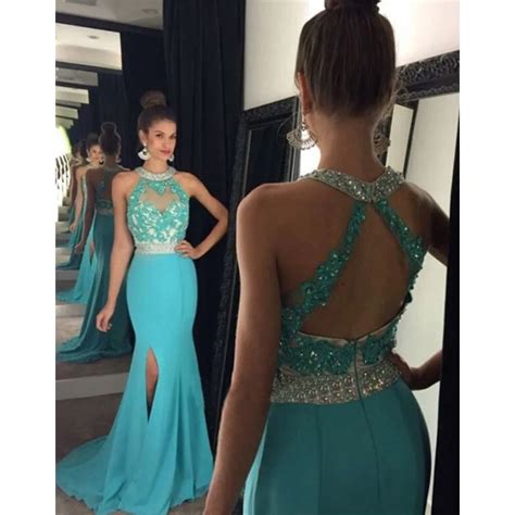 Turquoise Gowns Party Dress 2016 Mermaid V Neck Beaded Floor Length Luxury Crystal Prom Dresses