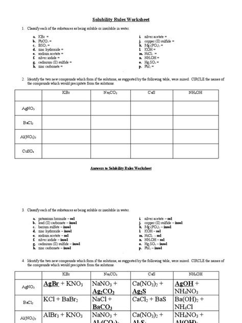 Worksheet Solubility Rules With Answers PDF Precipitation