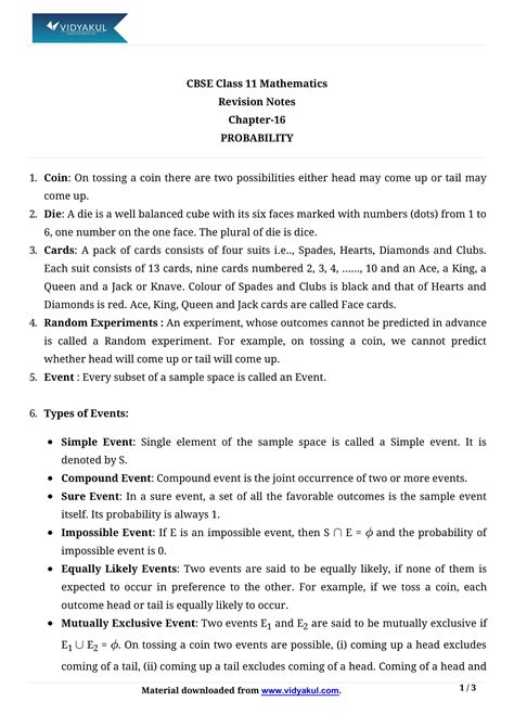 Class Th Math Probability Formulas Cbse