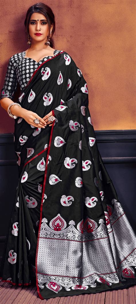 Traditional Black And Grey Color Banarasi Silk Silk Fabric Saree 1582470