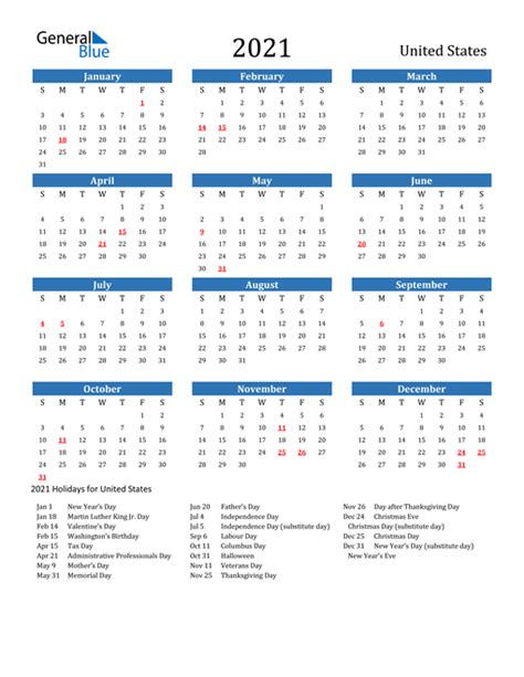 2021 United States Calendar With Holidays