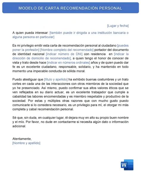 Carta de Recomendación Personal Descargar en PDF