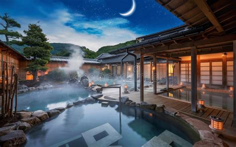 AI Generated Onsen Traditional Japanese Hot Prings Outdoor Landscape Calm Stock Illustration