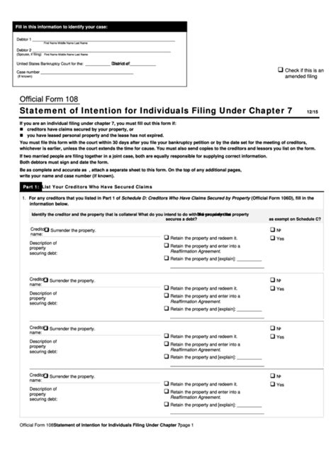 Fillable Official Form Statement Of Intention For Individuals