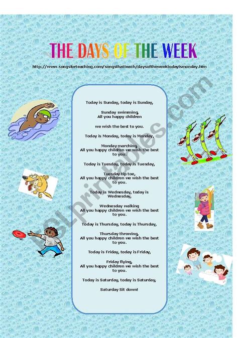 SONG THE DAYS OF THE WEEK - ESL worksheet by emcaux