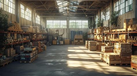 Premium Photo | Shelves pallets and boxes decorate the warehouse interior