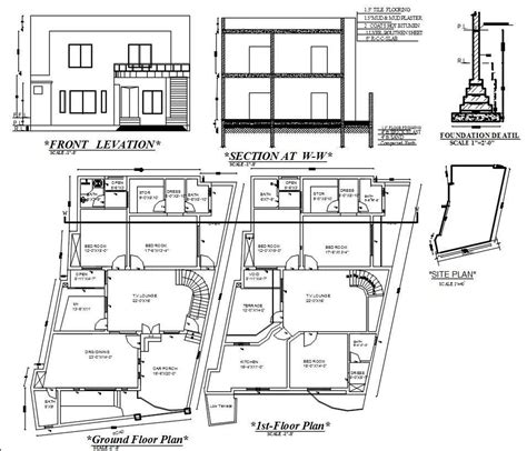 Two Story House Floor Layout Plan Design In Detail Autocad 2d Drawi