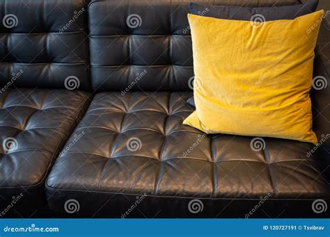 Pillow On Black Leather Couch Stock Image Image Of Lifestyle Living