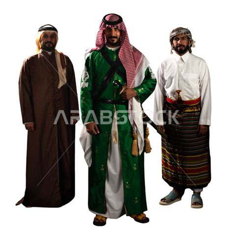 Portrait of a group of Saudi Arabian Gulf men wearing traditional Saudi traditional dress in the ...