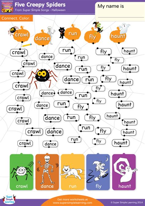 Five Creepy Spiders Worksheet - Connect & Color - Super Simple