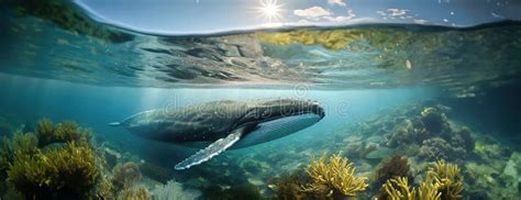 whale swims underwater  sunlight filtering   water