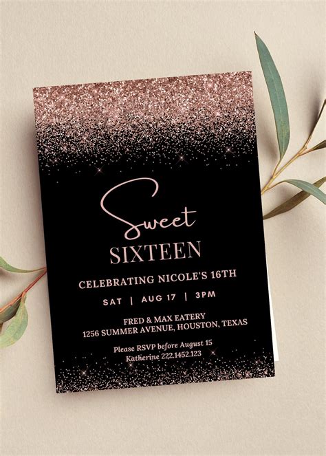 Editable Sweet 16 Birthday Invitation Rose Gold And Black Invitation