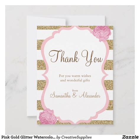 Pink Gold Glitter Watercolor Flower Thank You Card Zazzle Floral