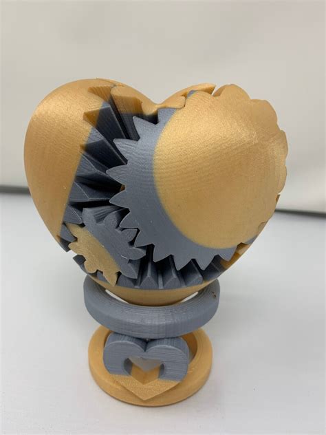 3d Printed Gear Heart Silver And Gold Color With Heart Stand Etsy