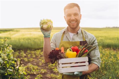 Homem Agricultor Feliz Segurando Cesta Legumes Frescos E Mostrando