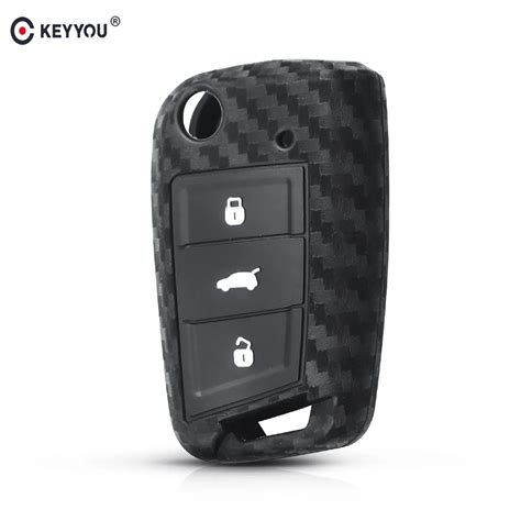 Keyyou fob 3 botões de fibra de carbono caso chave de silicone para