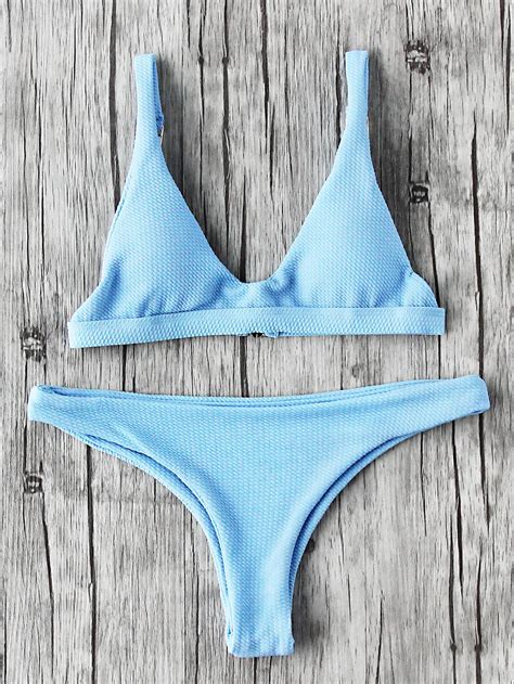 Shop Plain Textured Triangle Bikini Set Online SheIn Offers Plain