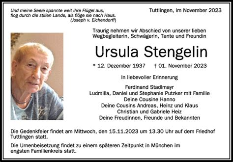 Traueranzeigen Von Ursula Stengelin Schwaebische De Trauerportal