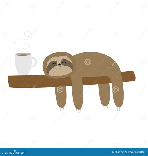 Sloth Sleeping On Tree Branch. I Love Coffee Cup Drink. Cute Lazy ...