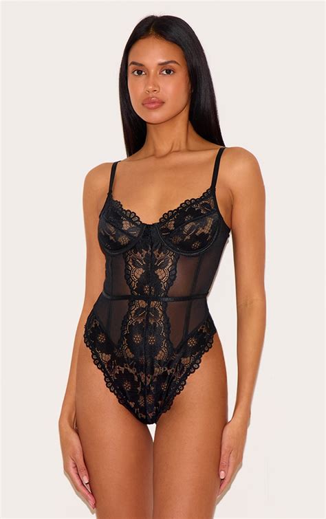 Body En Dentelle Noire À Armatures Et Détail Liserés Lingerie Pyjamas PLT FR