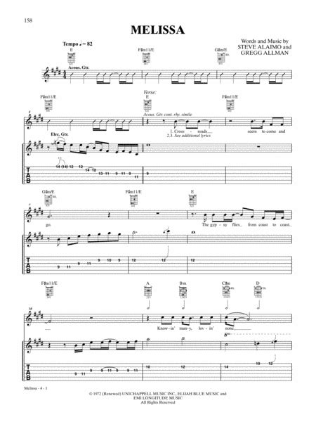 Melissa By The Allman Brothers Band Guitar Tablature Digital Sheet