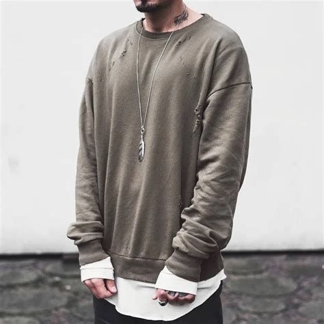 Hip Hop Fashion Mens Olive Green Oversized Ripped Sweatshirts Drop